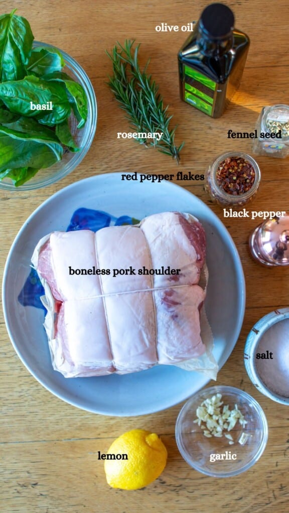 All the ingredients to make porchetta roast including pork