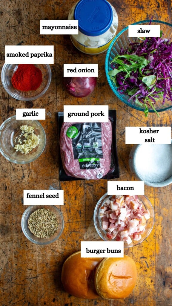 All the ingredients needed to make pork burgers