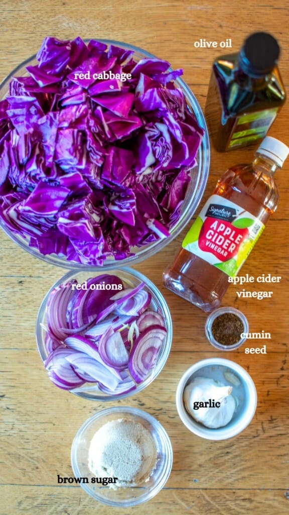 All the ingredients to make braised cabbage including chopped red cabbage
