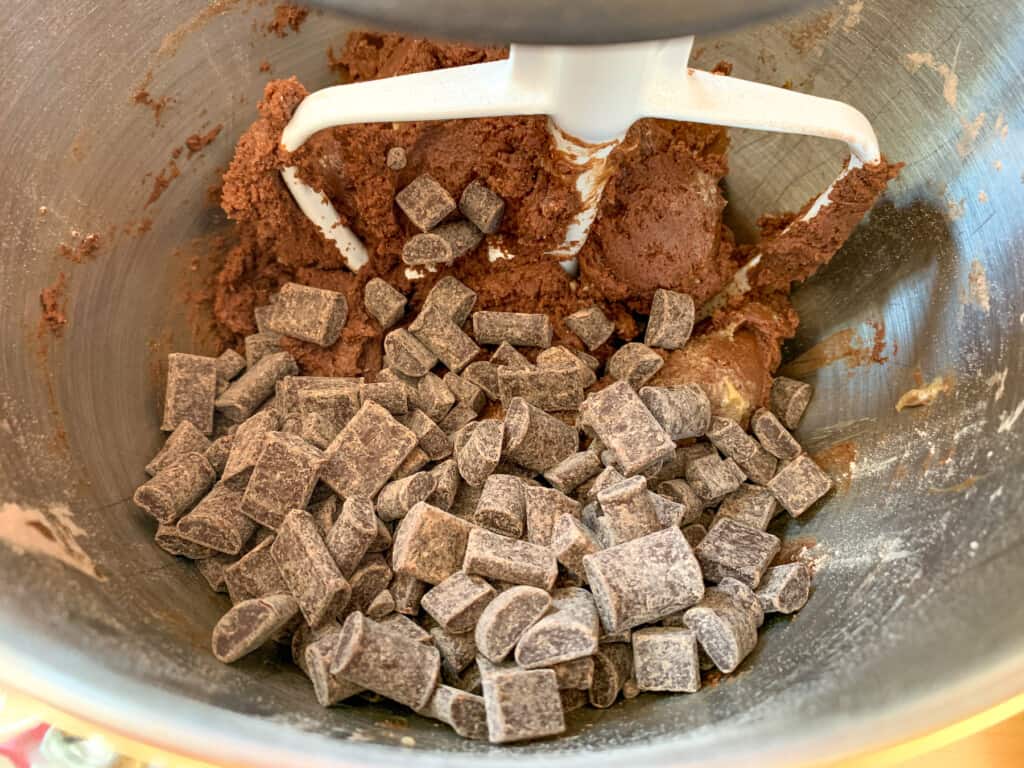 Cocoa cookie dough in a bowl of an electric mixer with chocolate chips being added. 