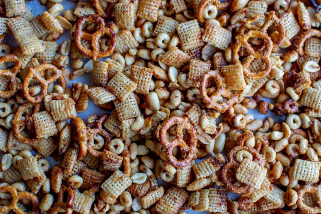 Easter snack mix on a baking sheet
