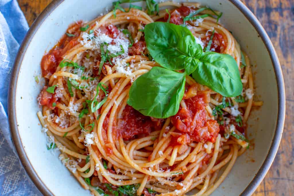 A large bowl of spaghetti with marinara sauce topped with fresh basil and parmesan cheese on a wood table. 