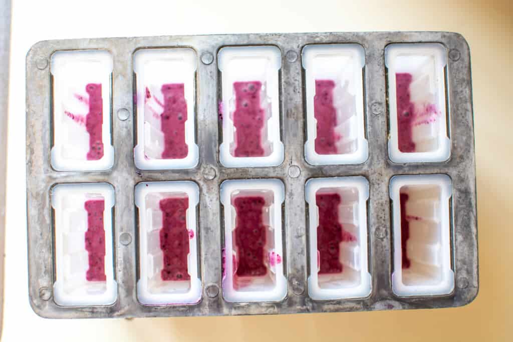 An overhead image of a popsicle mold filled a third of the way full with blueberry mixture. 