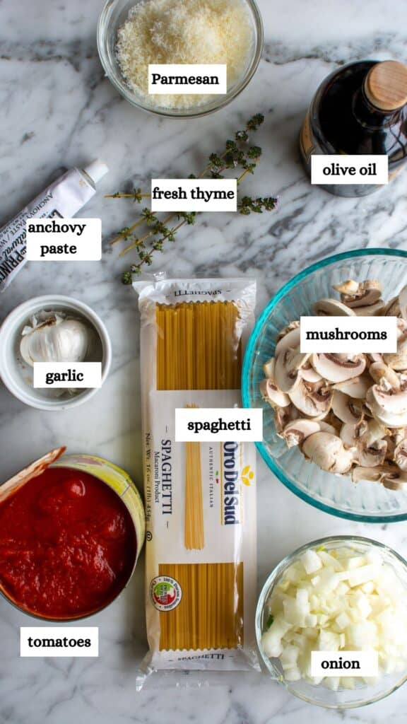 All the ingredients needed to make tomato mushroom spaghetti sauce. 
