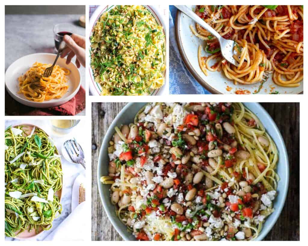 A photo collage of all the different vegan pasta recipes. 
