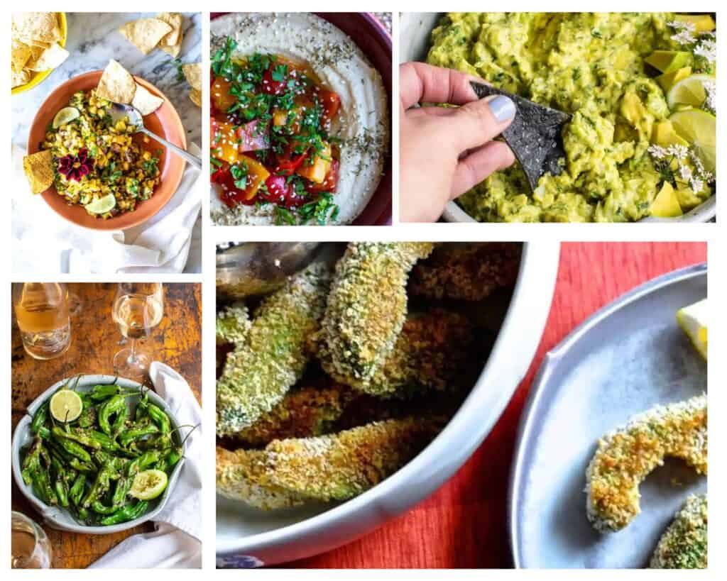 A photo collage of 4th of July appetizers including salsa, dips, fried avocados, and peppers. 