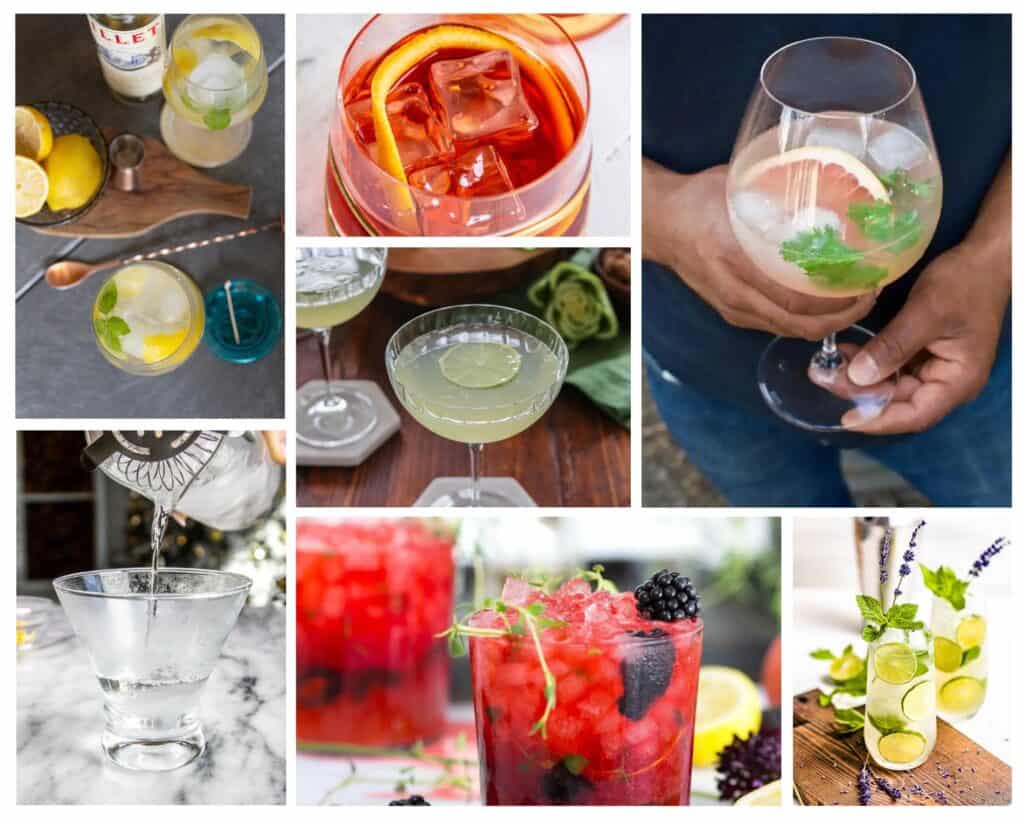 Photo collage of seven summer gin cocktails. 