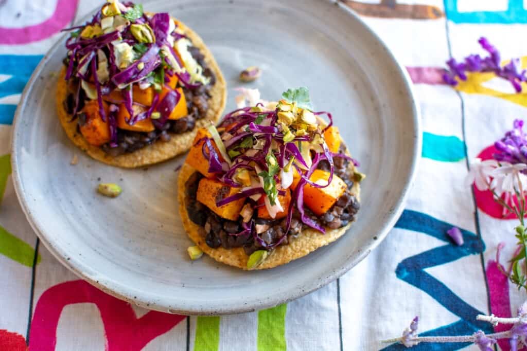 two squash tostadas on a plate