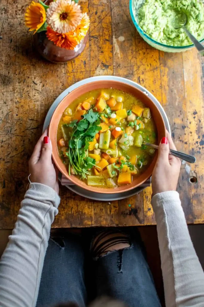 A girl sitting at a table with a bowl of butternut squash and tomatillo stew. There is a bowl of guacamole next to her. 