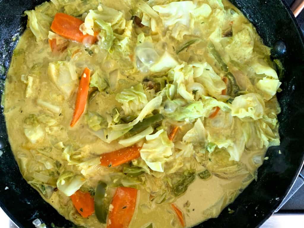 Curried cabbage simmering away on the stove. 