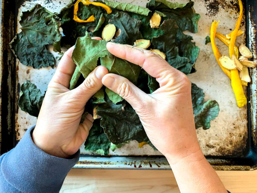 A hand crumbling up the dried fig leaves into smaller pieces. 