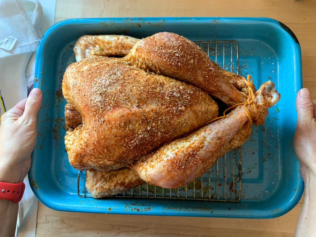 A turkey in a blue roasting pan covered in spices getting ready to go in the oven. 