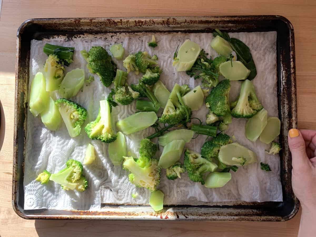A baking sheet with paper towels and blanched broccoli on it. 