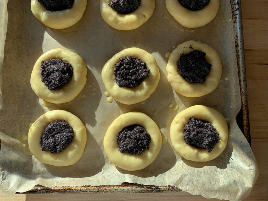 poppy seed filled kolaches getting ready to go in the oven. 