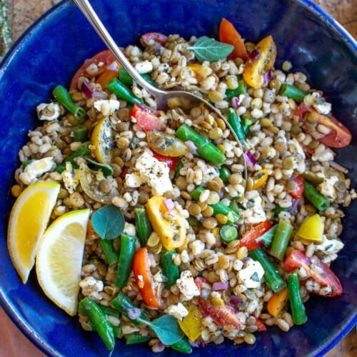A blue bowl filled with lentil and barley salad on a wood table.