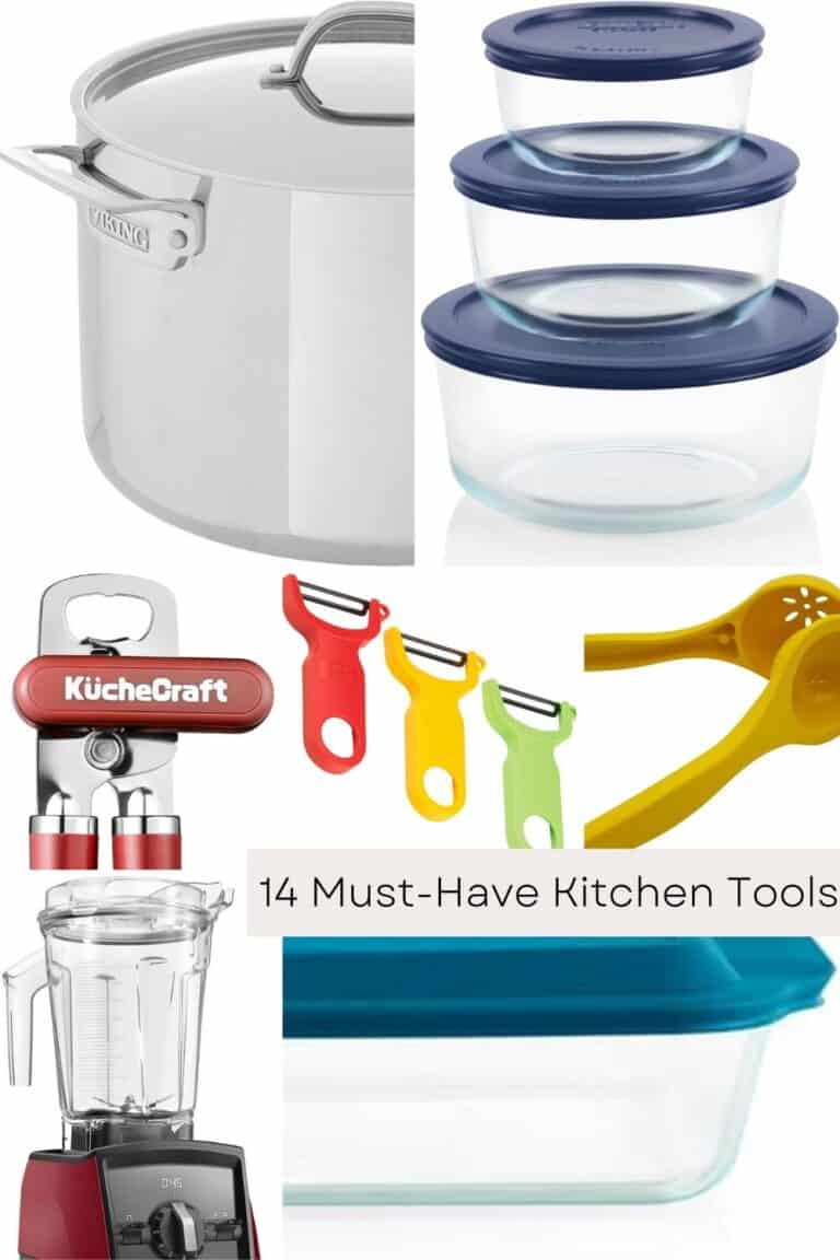 A photo collage of several essential kitchen tools.