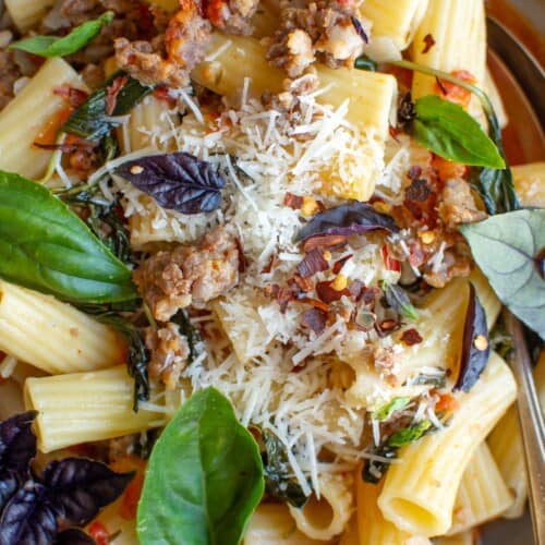 A bowl of pasta with basil leaves, parmesan, and sausage.