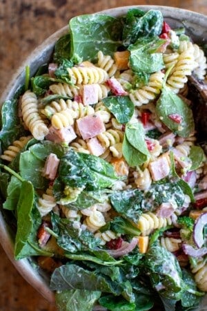 The ham and broccoli pasta salad after being tossed with the dressing.