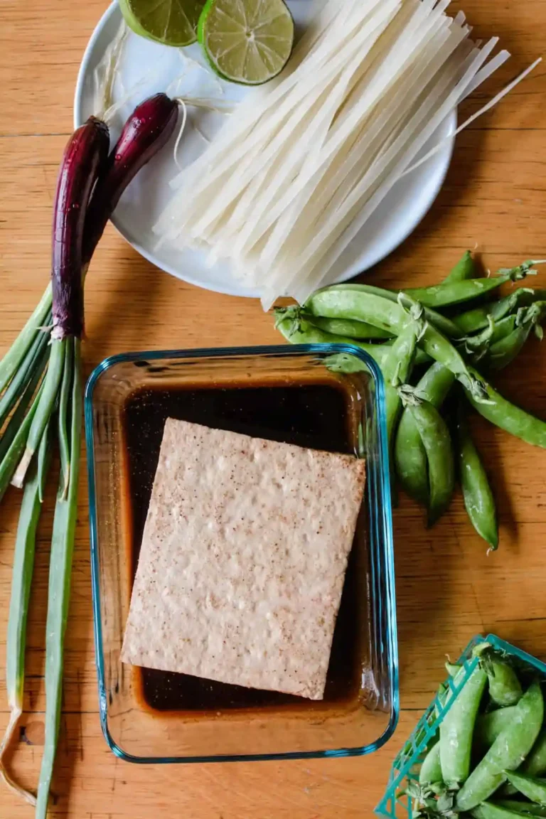 A block of tofu marinating in a soy marinade with rice noodles around it.