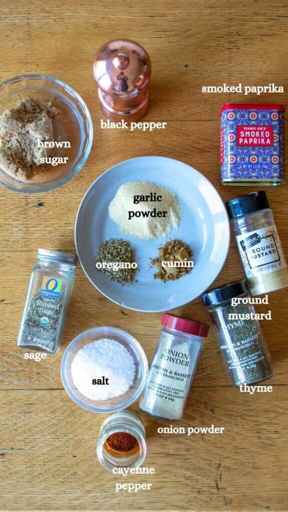 All the ingredients needed to make smoked turkey spice rub