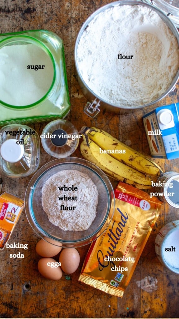 All the ingredients you need to make banana waffles including chocolate chips and more. 