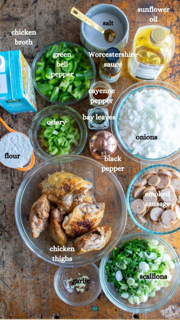 All the ingredients to make chicken and sausage gumbo. 