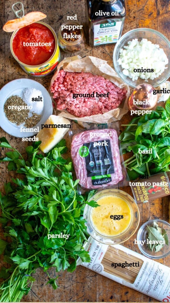 All the ingredients to make spaghetti and meatballs