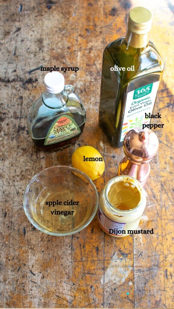 All the ingredients to make maple mustard salad dressing. 