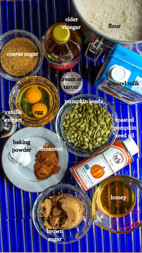 All the ingredients to make pumpkin seed muffins