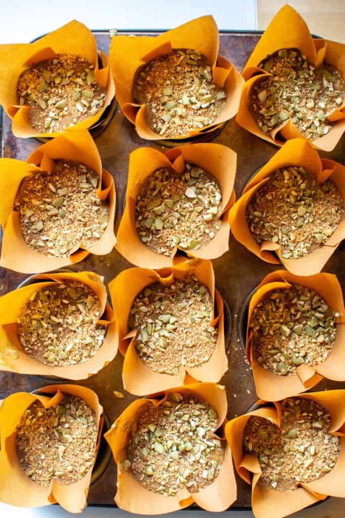 The batter in the muffin cups before being baked.