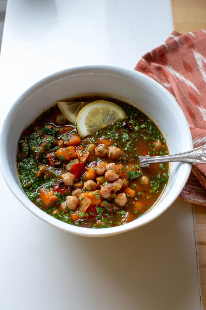 A bowl of Moroccan chickpea stew 
