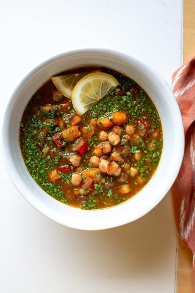 A bowl of slow cooker Moroccan chickpea stew
