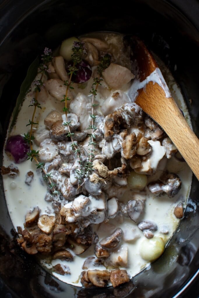 All the ingredients combined in a crock pot