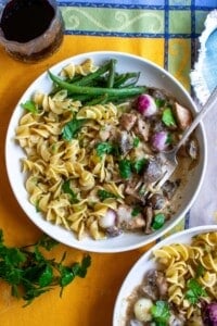 A plate of French style crock pot chicken fricassee