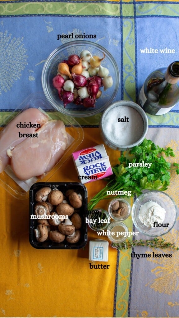 All the ingredients to make crock pot chicken fricassee