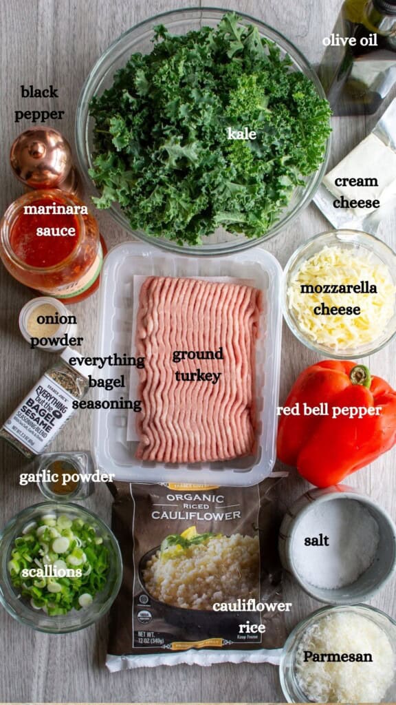 All the ingredients to make ground turkey casserole including ground turkey and more