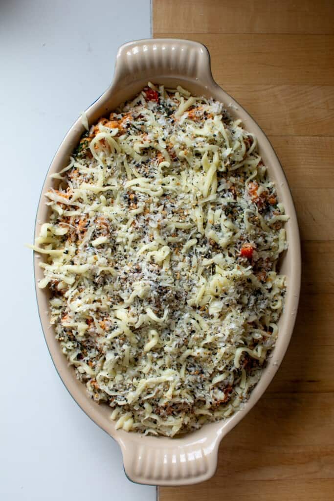 ground turkey casserole before being put in the oven