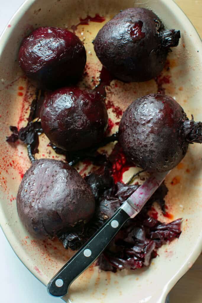 Beets after being roasted in the baking dish