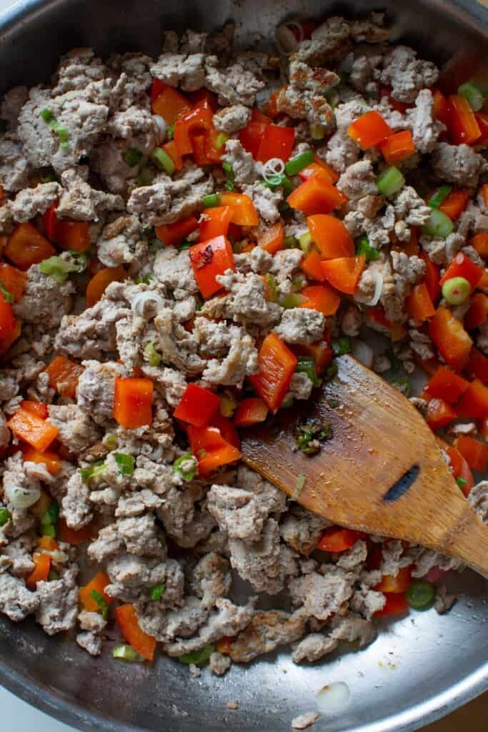 ground turkey sautéed with a red bell pepper