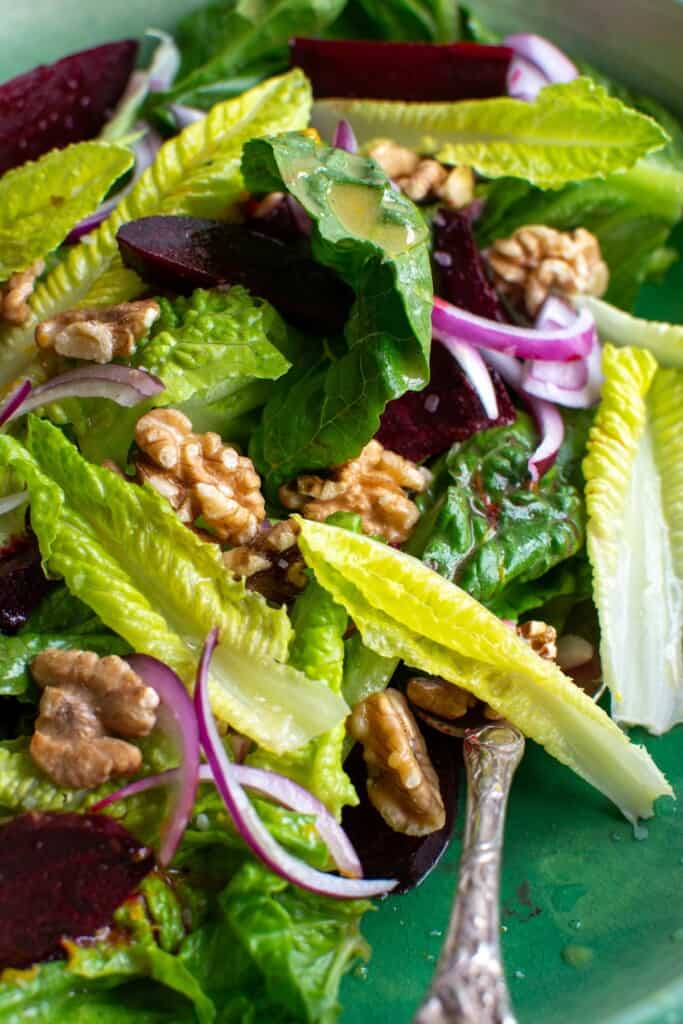 A close up of the crunchy romaine salad