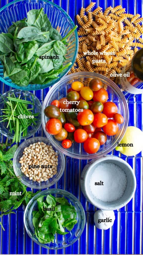 All the ingredients to make whole wheat pasta salad