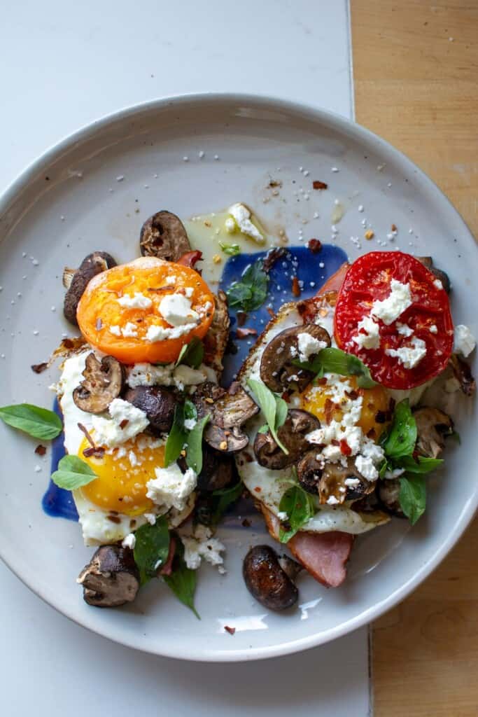 Two pieces of breakfast bruschetta