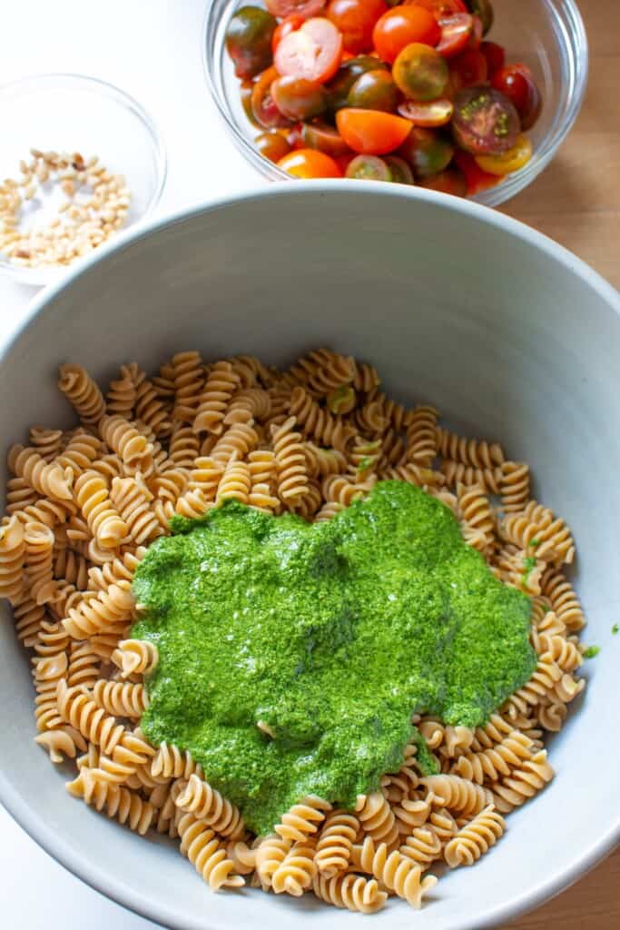 A bowl with pasta and sauce on top