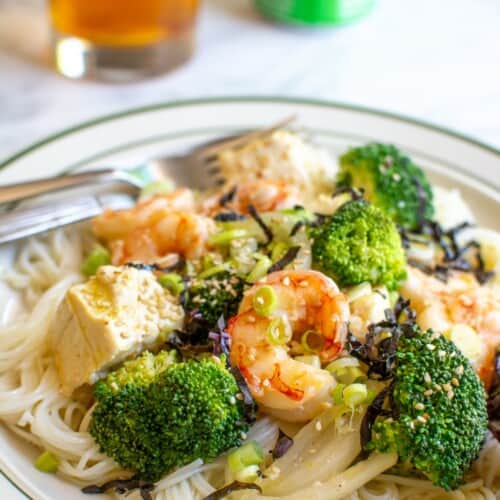 shrimp, tofu, and broccoli over rice noodles
