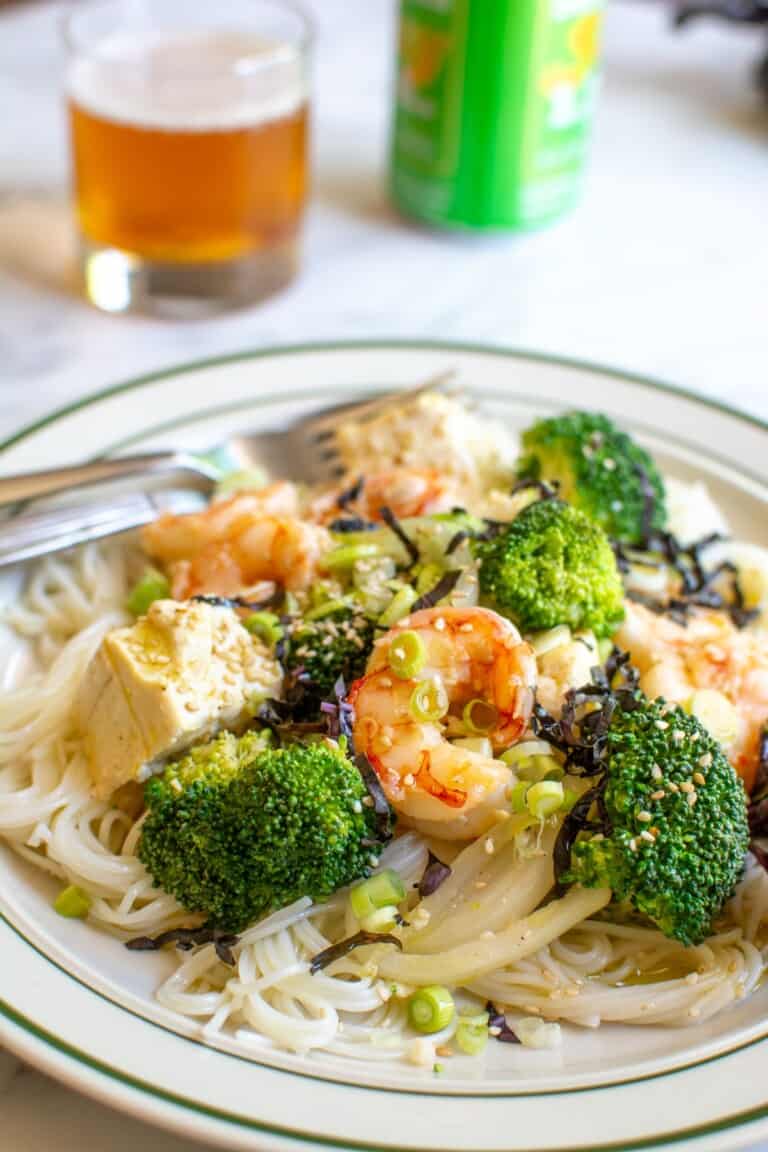 shrimp, tofu, and broccoli over rice noodles