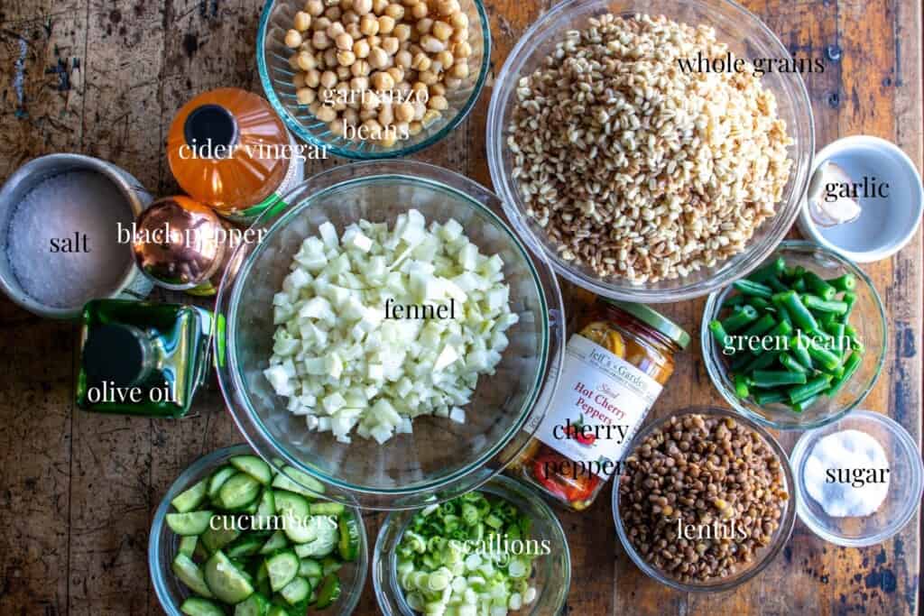 All the ingredients needed to make grain and bean salad.