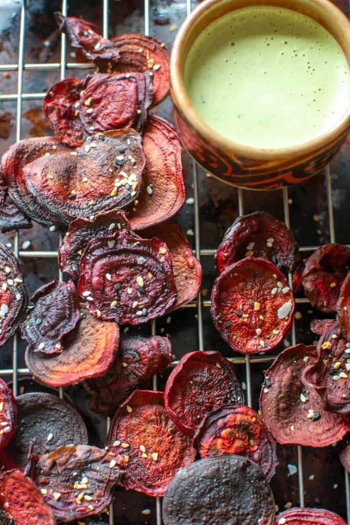 beet chips on a baking rack 