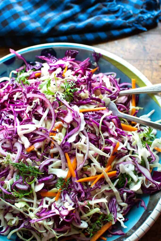 red and green cabbage slaw on a blue platter