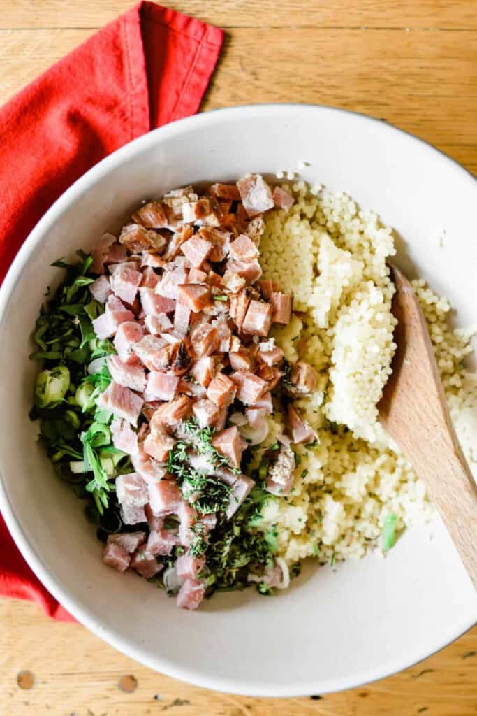 A bowl filled with filling for stuffed vegetables
