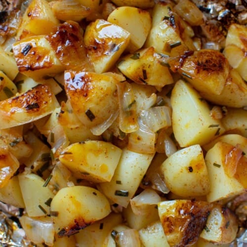 grilled new potatoes on a piece of foil